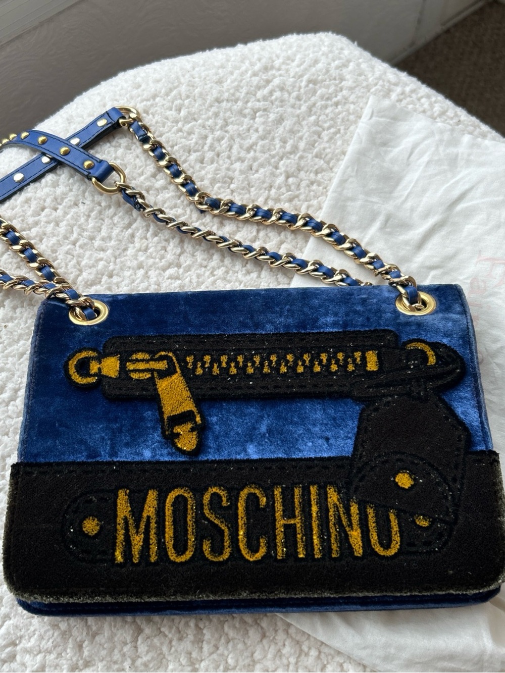 Moschino Blue Velvet Chain Crossbody with Gold Accents